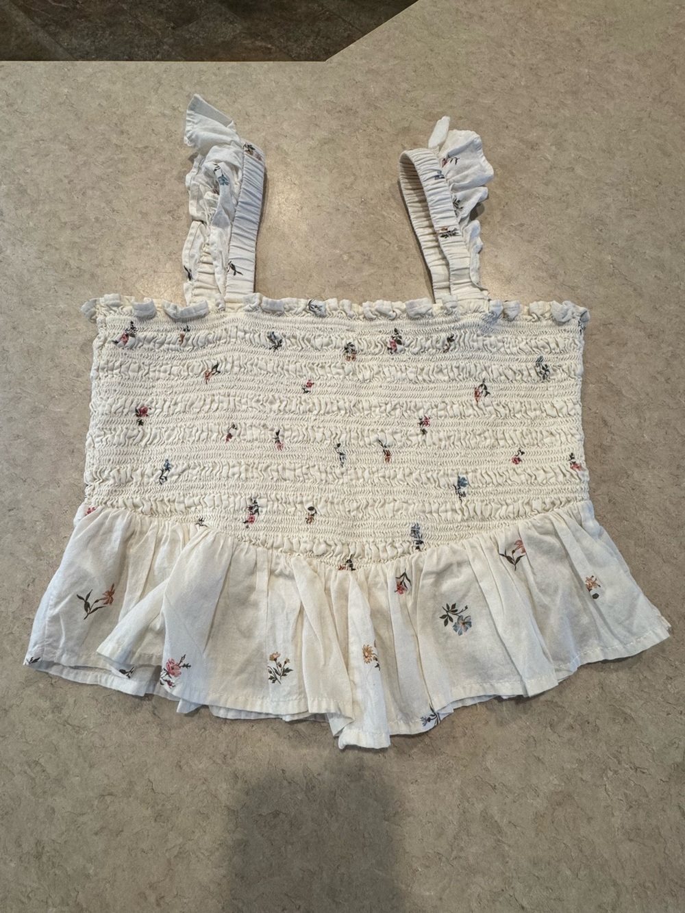 American Eagle Women’s White Floral Smocked Ruffle Tank Top
